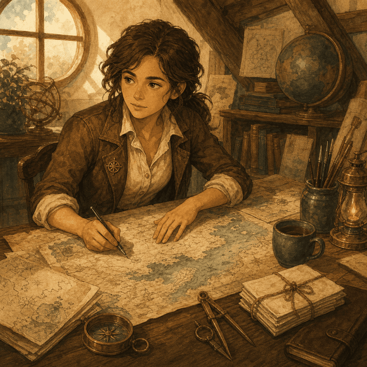 Cora at her cartographer’s desk in Vellestria
