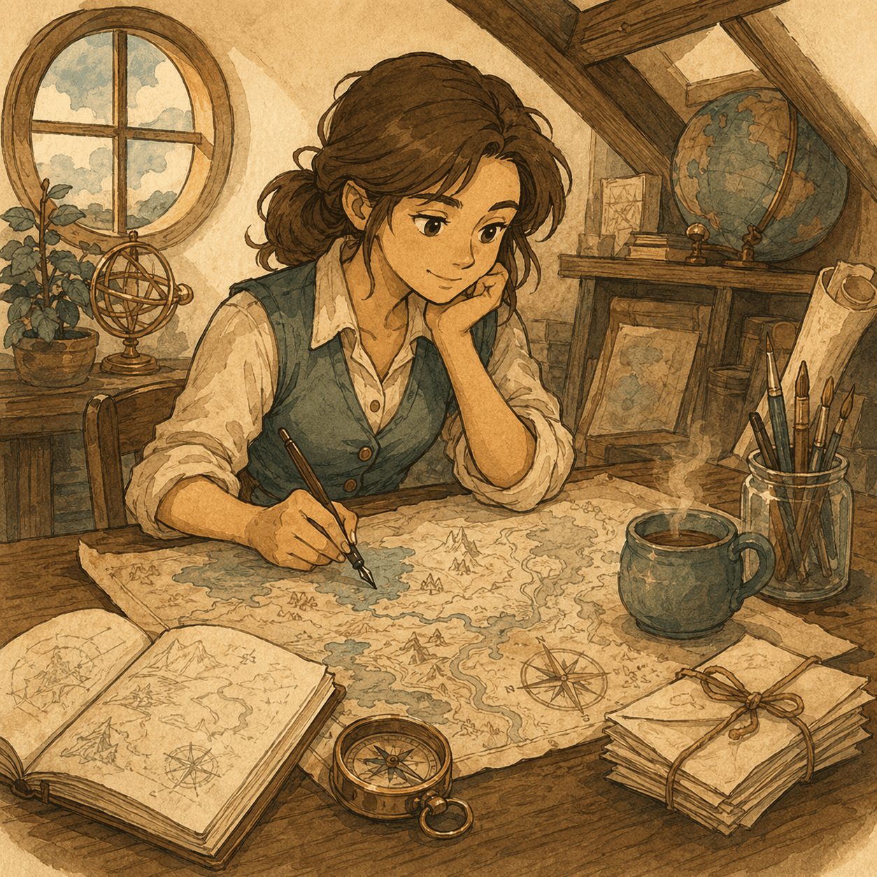 Cora au bureau de cartographe à Vellestria