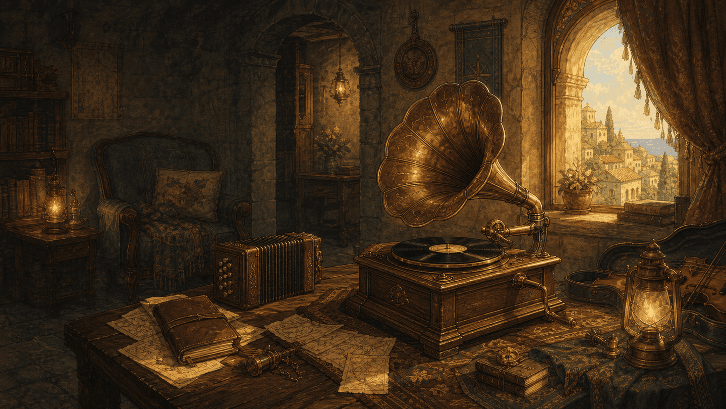 Un salon d’écoute chaleureux de Vellestria avec un phonographe en laiton, des pages d’atlas, des lanternes et des instruments.